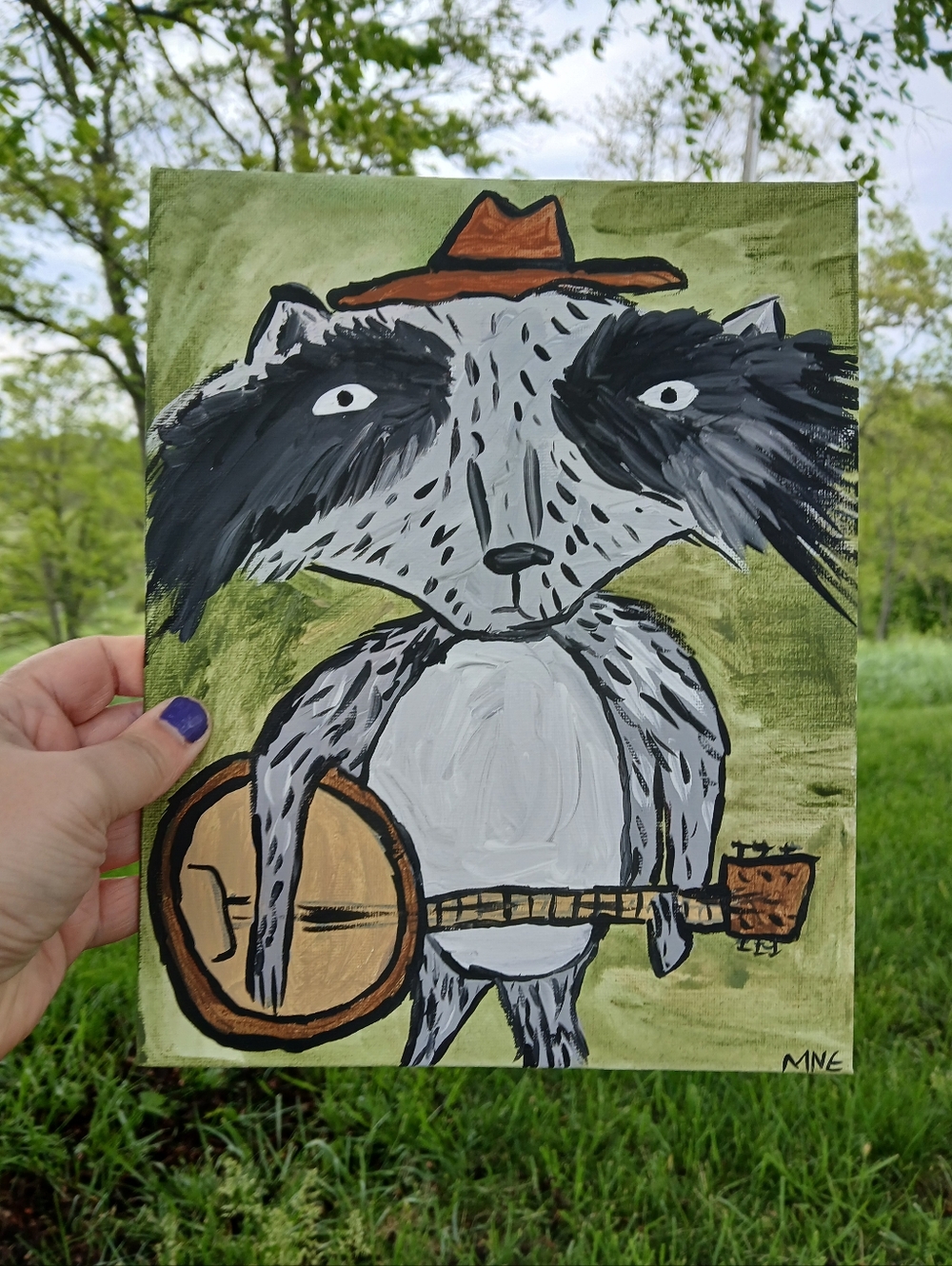 Raccoon Playing Banjo Painting Folk Art
